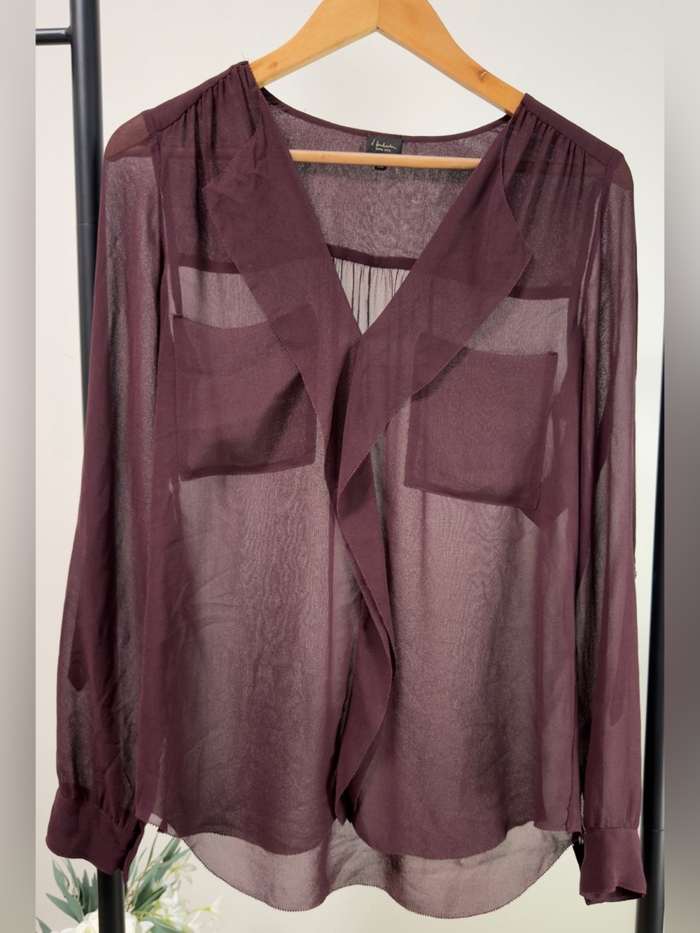 T.Babaton Aritzia 100% Silk Burgundy Ruffle Front Blouse XS Sheer